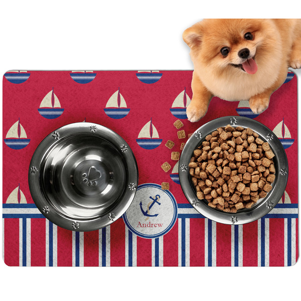 Custom Sail Boats & Stripes Dog Food Mat - Small w/ Name or Text