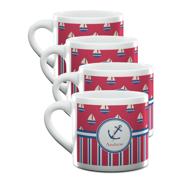 Custom Sail Boats & Stripes Double Shot Espresso Cups - Set of 4 (Personalized)