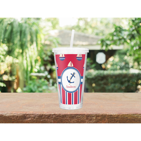 Sail Boats & Stripes Double Wall Tumbler with Straw Lifestyle