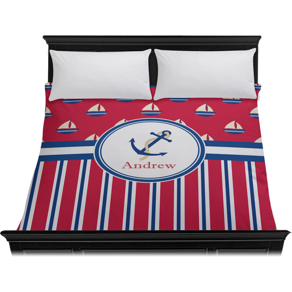 Sail Boats & Stripes Duvet Cover - King - On Bed - No Prop