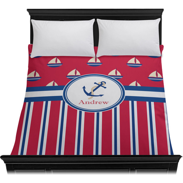 Sail Boats & Stripes Duvet Cover - Queen - On Bed - No Prop