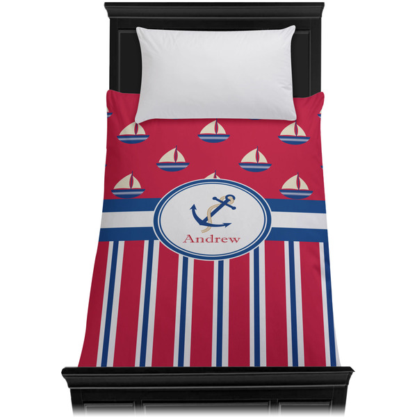 Sail Boats & Stripes Duvet Cover - Twin XL - On Bed - No Prop