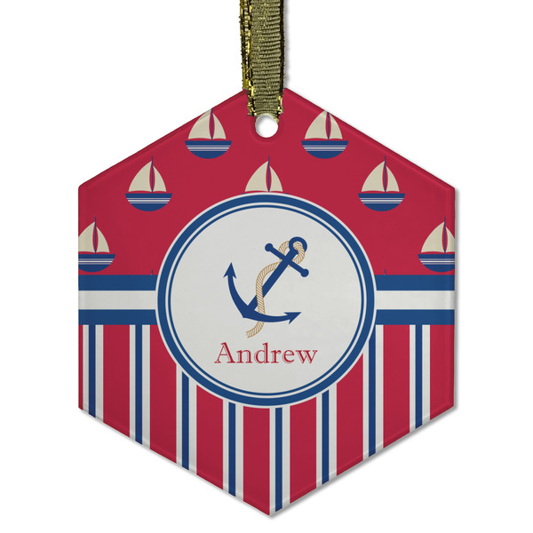 Sail Boats & Stripes Frosted Glass Ornament - Hexagon