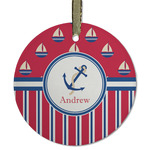 Sail Boats & Stripes Flat Glass Ornament - Round w/ Name or Text