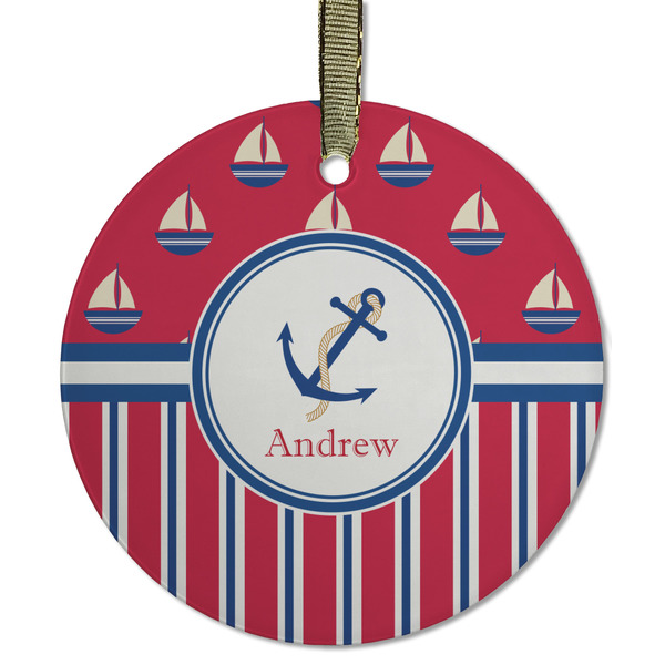 Custom Sail Boats & Stripes Flat Glass Ornament - Round w/ Name or Text
