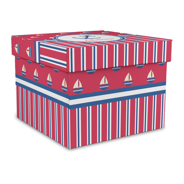Custom Sail Boats & Stripes Gift Box with Lid - Canvas Wrapped - Large (Personalized)
