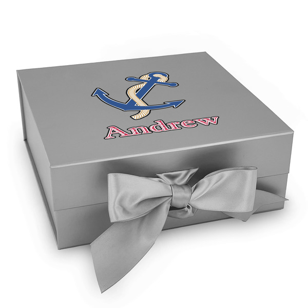 Custom Sail Boats & Stripes Gift Box with Magnetic Lid - Silver (Personalized)