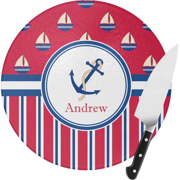 Custom Sail Boats & Stripes Round Glass Cutting Board - Medium (Personalized)