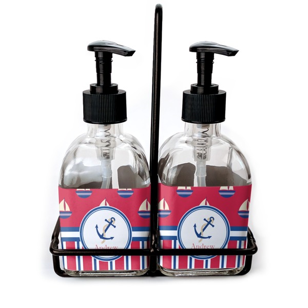 Custom Sail Boats & Stripes Glass Soap & Lotion Bottle Set (Personalized)
