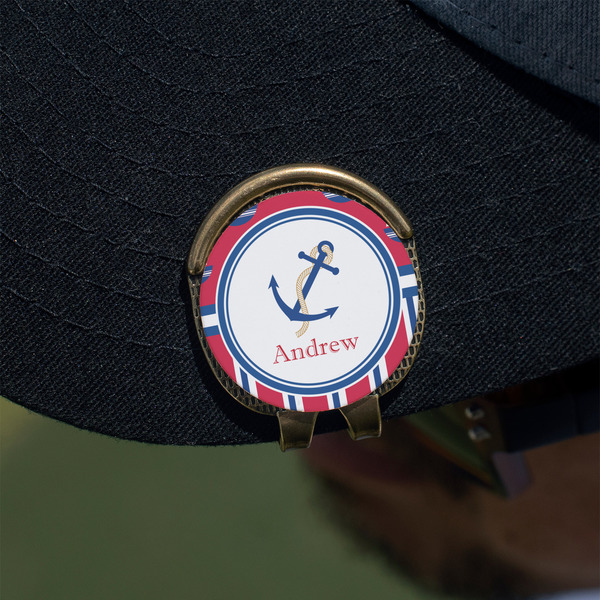 Sail Boats & Stripes Golf Ball Marker Hat Clip - Gold - On Hat