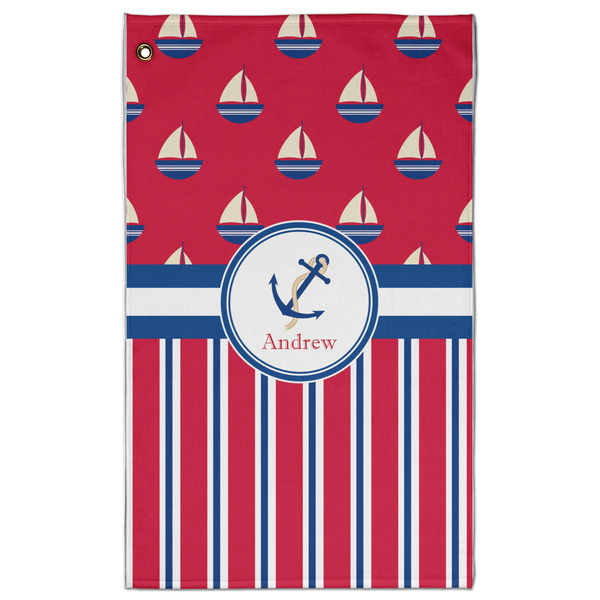 Custom Sail Boats & Stripes Golf Towel - Poly-Cotton Blend - Large w/ Name or Text