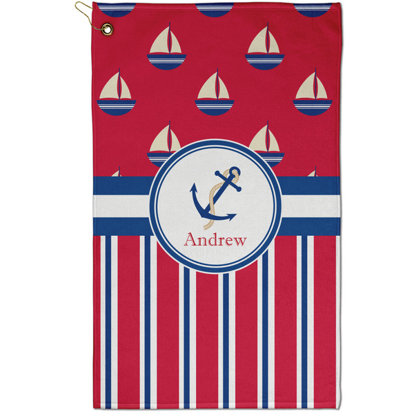 Custom Sail Boats & Stripes Golf Towel - Poly-Cotton Blend - Small w/ Name or Text