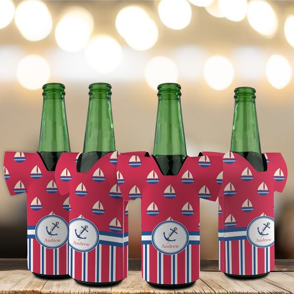 Sail Boats & Stripes Jersey Bottle Cooler - Set of 4 - LIFESTYLE