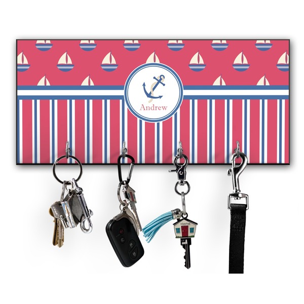 Custom Sail Boats & Stripes Key Hanger w/ 4 Hooks w/ Graphics and Text
