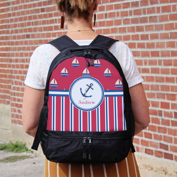 Sail Boats & Stripes Large Backpack - Black - On Back