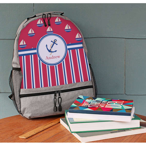Sail Boats & Stripes Large Backpack - Gray - On Desk