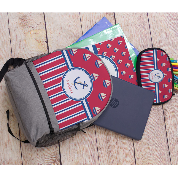 Sail Boats & Stripes Large Backpack - Gray - With Stuff