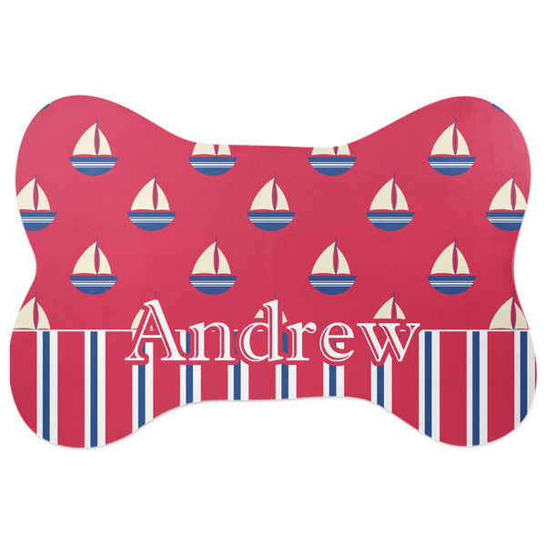 Custom Sail Boats & Stripes Bone Shaped Dog Food Mat (Personalized)