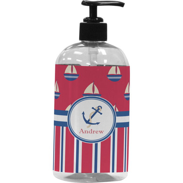 Custom Sail Boats & Stripes Plastic Soap / Lotion Dispenser (16 oz - Large - Black) (Personalized)