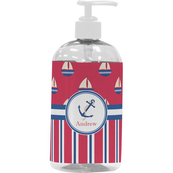Custom Sail Boats & Stripes Plastic Soap / Lotion Dispenser (16 oz - Large - White) (Personalized)