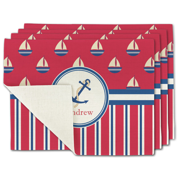 Custom Sail Boats & Stripes Single-Sided Linen Placemat - Set of 4 w/ Name or Text