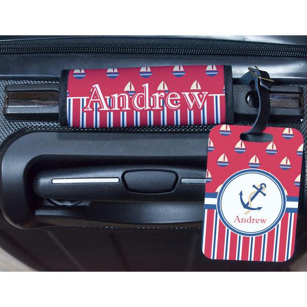 Sail Boats & Stripes Metal Luggage Tag & Handle Wrap - In Context