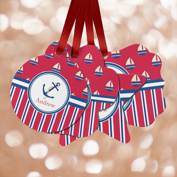 Custom Sail Boats & Stripes Metal Ornaments - Double Sided w/ Name or Text