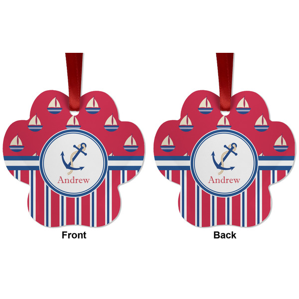 Sail Boats & Stripes Metal Paw Ornament - Front and Back