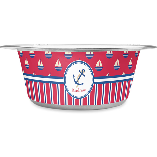 Custom Sail Boats & Stripes Stainless Steel Dog Bowl - Large (Personalized)