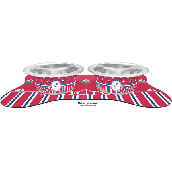 Sail Boats & Stripes Metal Pet Bowls - On Dog Bone Shaped Mat