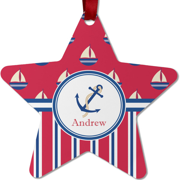 Custom Sail Boats & Stripes Metal Star Ornament - Double Sided w/ Name or Text
