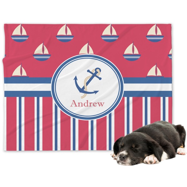 Custom Sail Boats & Stripes Dog Blanket - Large (Personalized)