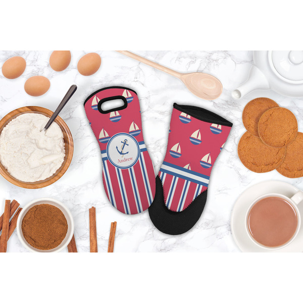 Sail Boats & Stripes Neoprene Oven Mitt - Lifestyle Image