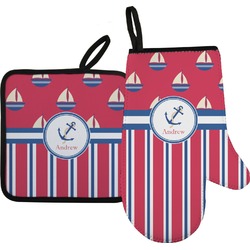 Sail Boats & Stripes Right Oven Mitt & Pot Holder Set w/ Name or Text