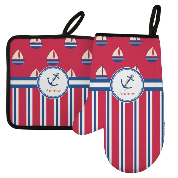 Custom Sail Boats & Stripes Left Oven Mitt & Pot Holder Set w/ Name or Text