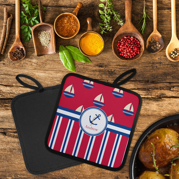 Sail Boats & Stripes Neoprene Pot Holder - Set of 2  LIFESTYLE (Flatlay)