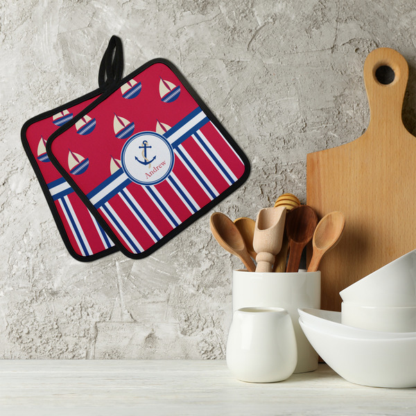 Sail Boats & Stripes Neoprene Pot Holder - Set of 2  LIFESTYLE
