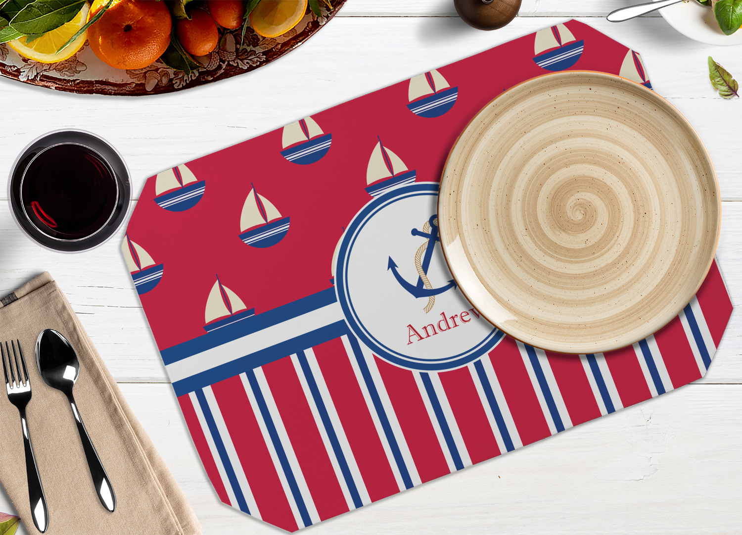 Custom Sail Boats & Stripes Dining Table Mat Octagon w/ Name or Text