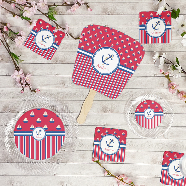 Sail Boats & Stripes Party Supplies Combination Image - All items - Plates, Coasters, Fans