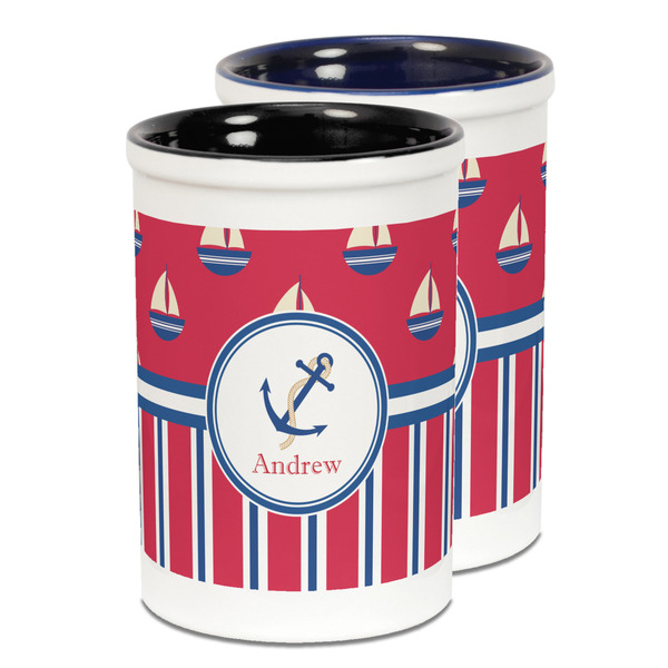 Custom Sail Boats & Stripes Ceramic Pencil Holder - Large