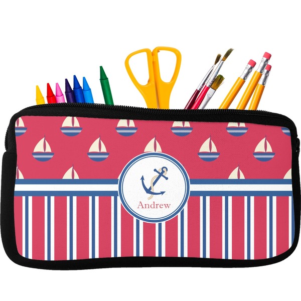 Custom Sail Boats & Stripes Neoprene Pencil Case - Small w/ Name or Text