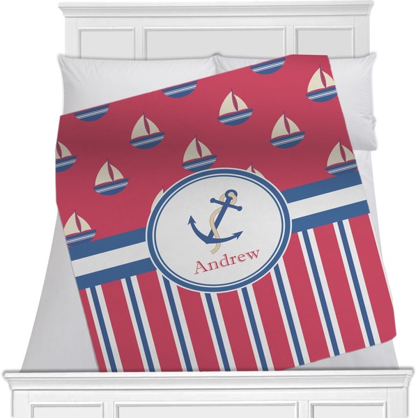 Custom Sail Boats & Stripes Minky Blanket - Toddler / Throw - 60"x50" - Double Sided (Personalized)