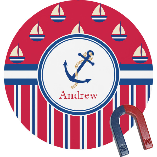 Custom Sail Boats & Stripes Round Fridge Magnet (Personalized)