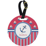 Sail Boats & Stripes Plastic Luggage Tag - Round (Personalized)
