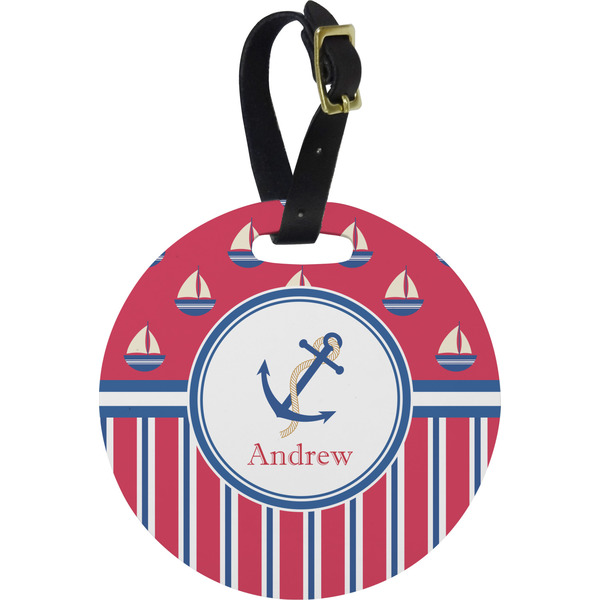 Custom Sail Boats & Stripes Plastic Luggage Tag - Round (Personalized)