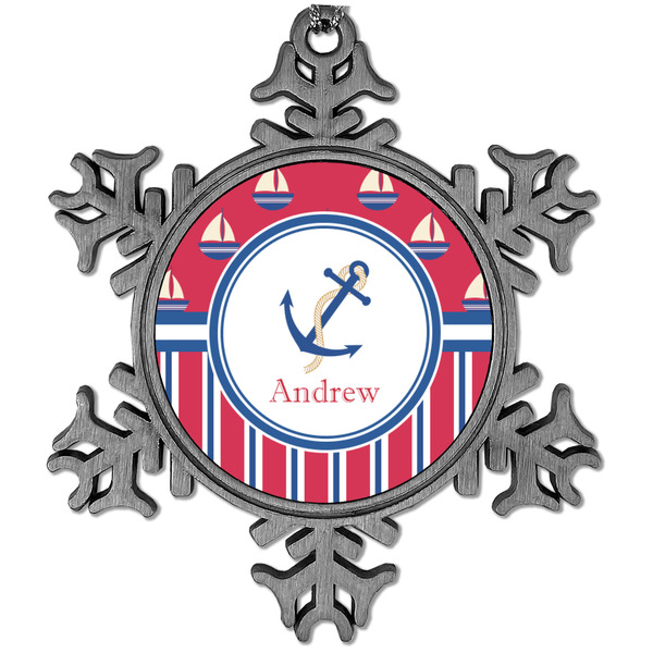 Custom Sail Boats & Stripes Vintage Snowflake Ornament (Personalized)