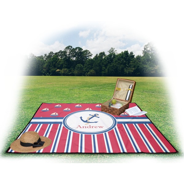 Sail Boats & Stripes Picnic Blanket - with Basket Hat and Book - in Use