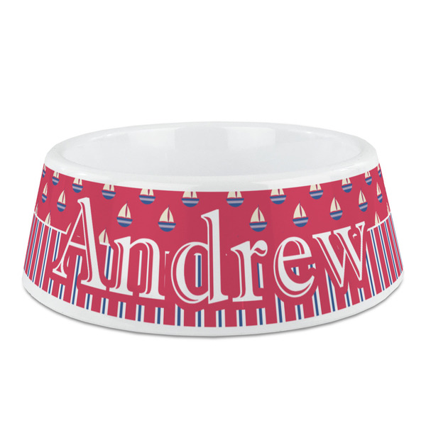 Custom Sail Boats & Stripes Plastic Dog Bowl - Medium (Personalized)