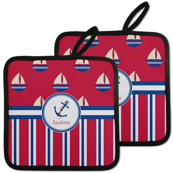 Custom Sail Boats & Stripes Pot Holders - Set of 2 w/ Name or Text