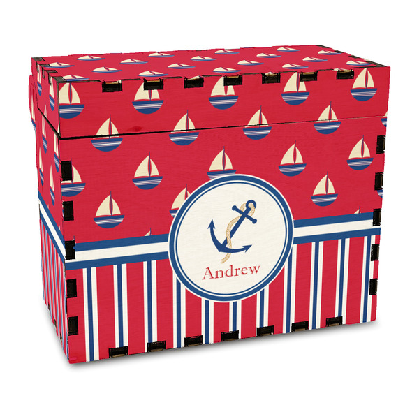 Custom Sail Boats & Stripes Wood Recipe Box - Full Color Print (Personalized)